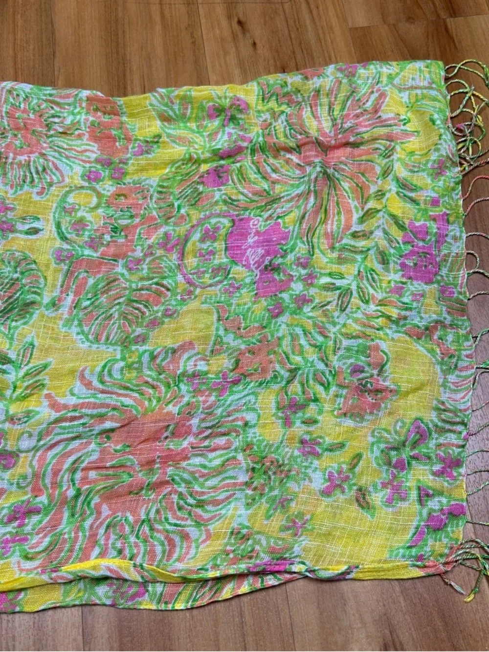 Lilly Pulitzer‎ Floral Scarf Yellow Pink Green Fringe Lightweight Wrap